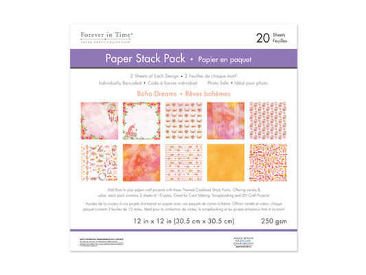 Cardstock: 12"x12" Themed Printed Stack Pack 20 Sheets Assorted 250gsm A) Boho Dreams