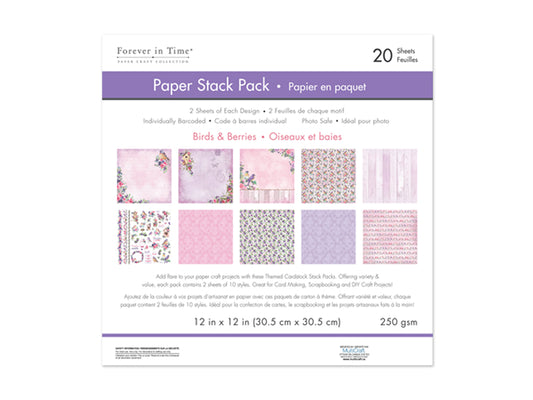 Cardstock: 12"x12" Themed Printed Stack Pack 20 Sheets Assorted 250gsm D) Birds & Berries