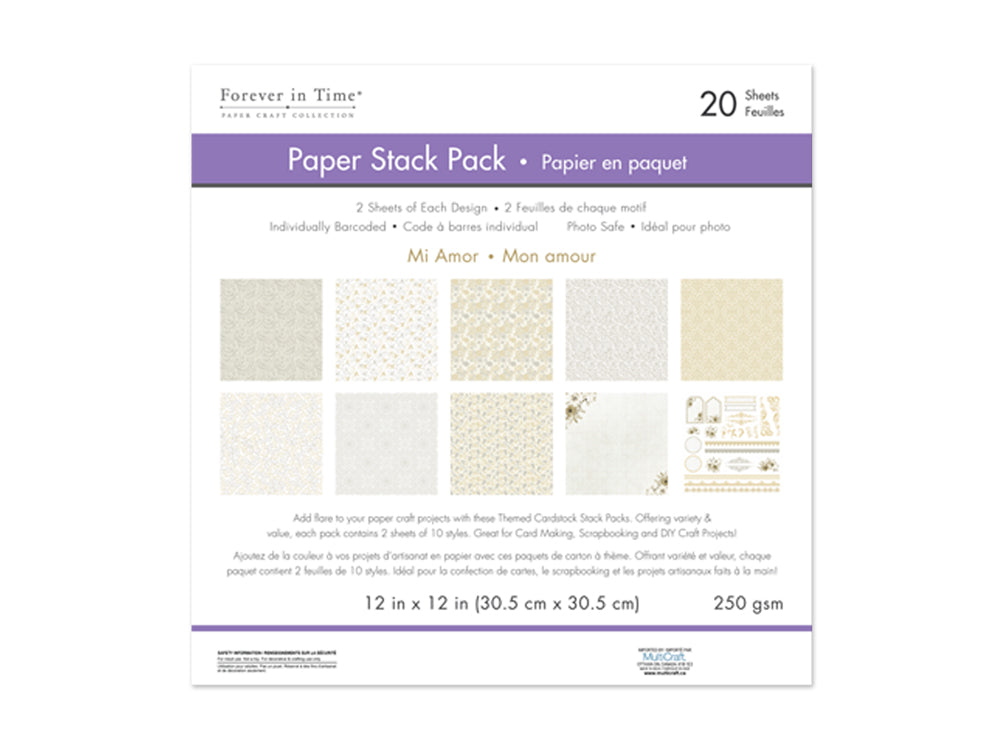 Cardstock: 12"x12" Themed Printed Stack Pack 20 Sheets Assorted 250gsm E) Mi Amor