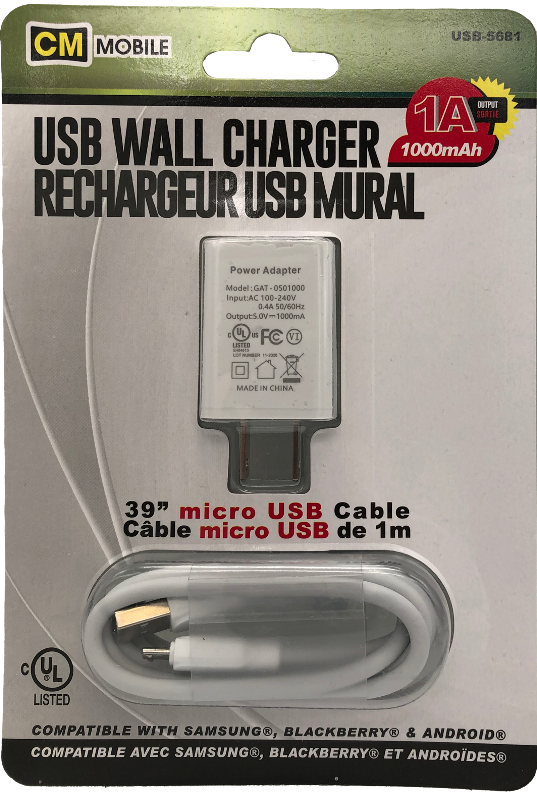 USB home charger 1a 39" micro usb cable