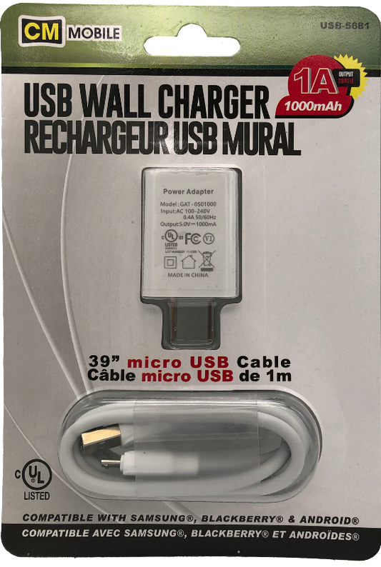 USB home charger 1a 39" micro usb cable