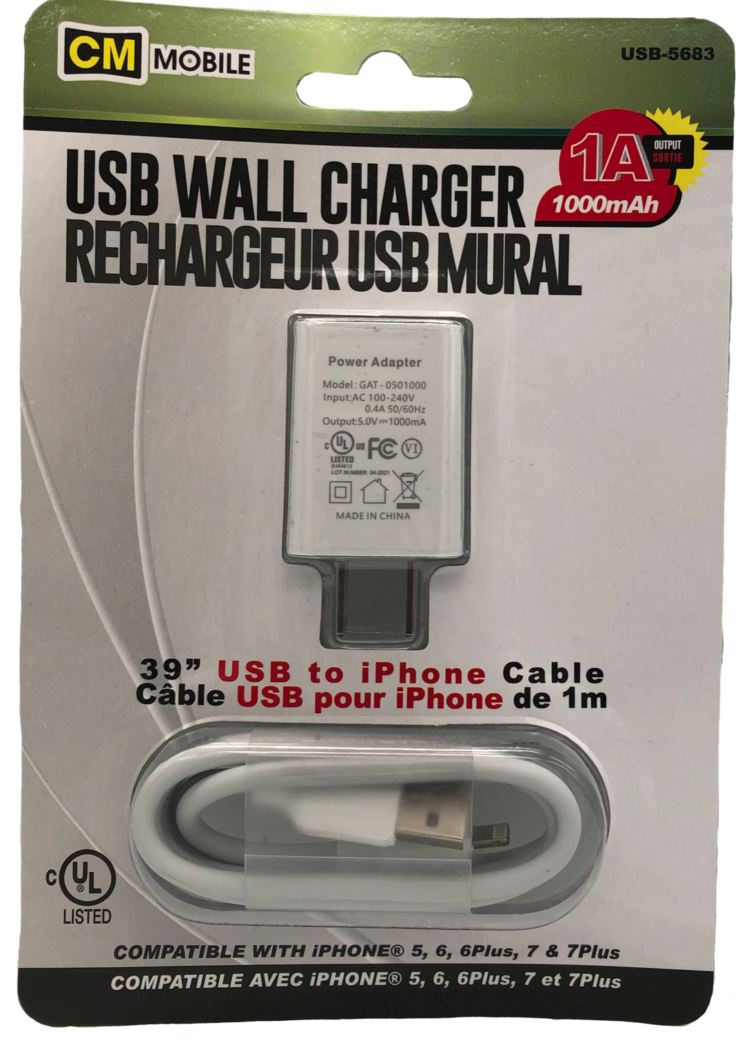 USB home charger 1a 39" ip5,6,7 usb cable