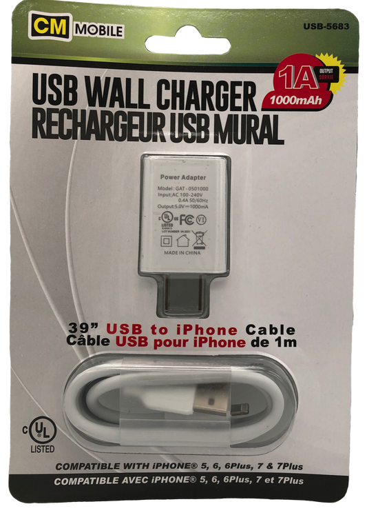 USB home charger 1a 39" ip5,6,7 usb cable