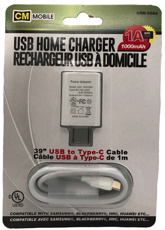 Home charger 1a w/ usb to type-c cable - 39"