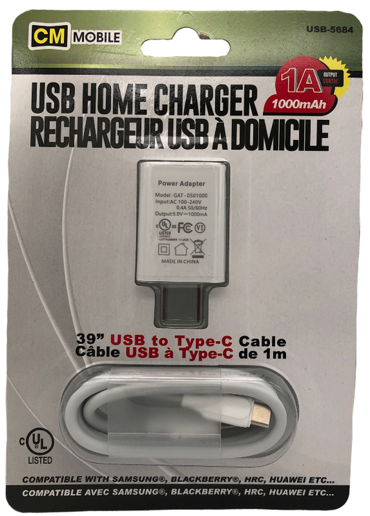 Home charger 1a w/ usb to type-c cable - 39"