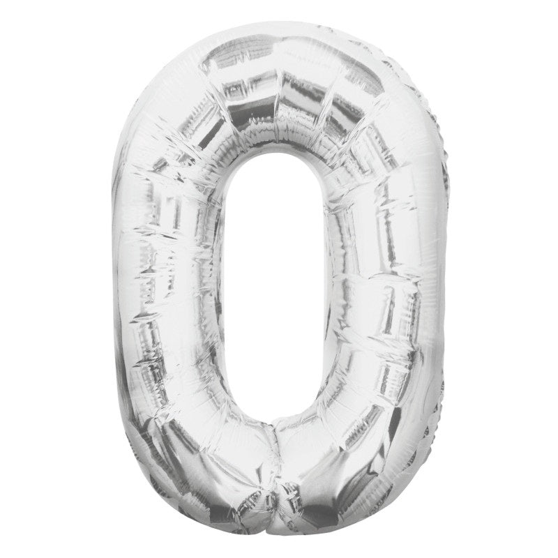 Silver Number 0 Shaped Foil Balloon 34"  Packaged