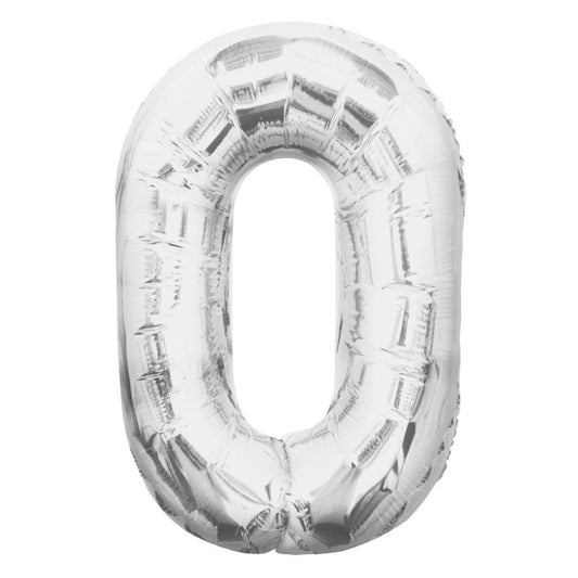 Silver Number 0 Shaped Foil Balloon 34"  Packaged