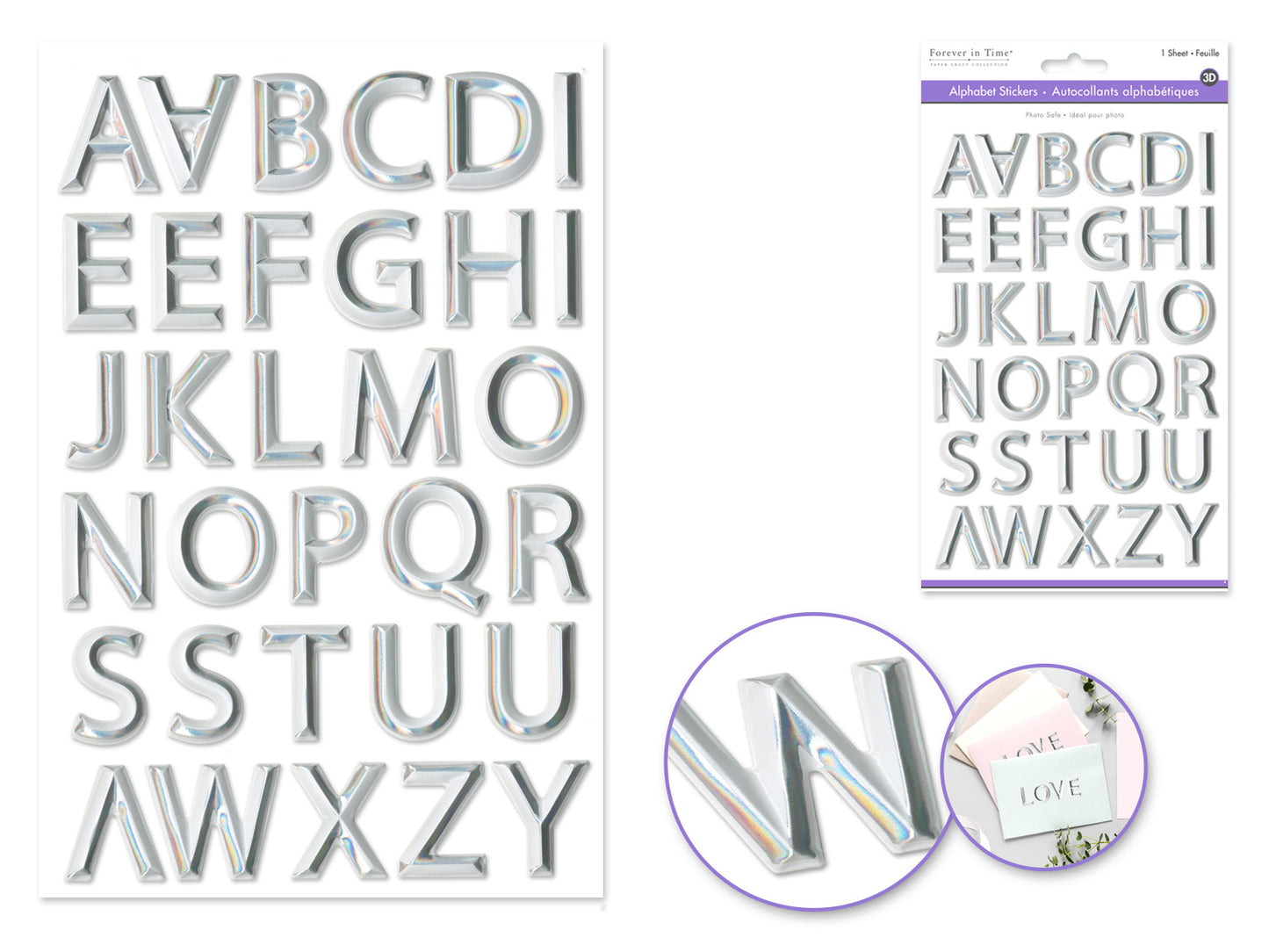 Paper Craft Sticker: 5.7"x9.8" 3D Alpha PVC B) White w/Silver Foil