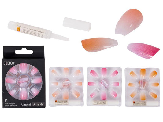 Bodico, 12pc Ombre French Nails w 2g Glue, 3 asst, col box