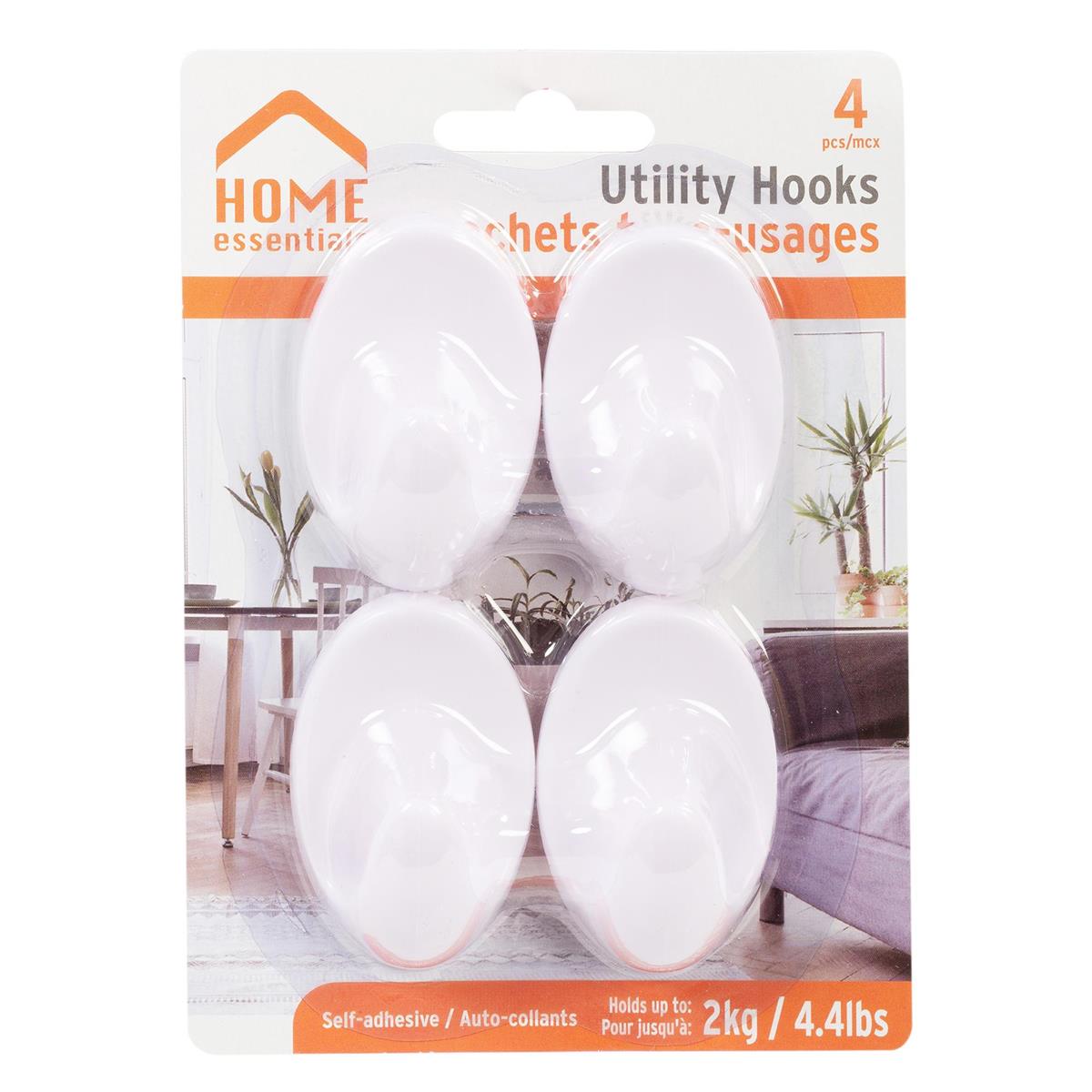 H.E.  4-pc Plastic Vogue Hooks,  Self-adhesive, b/c