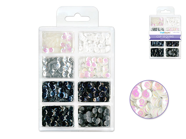 Craft Medley: 6mm Cup Sequins 25g Plastic Case 8-comp A) B&W Classic