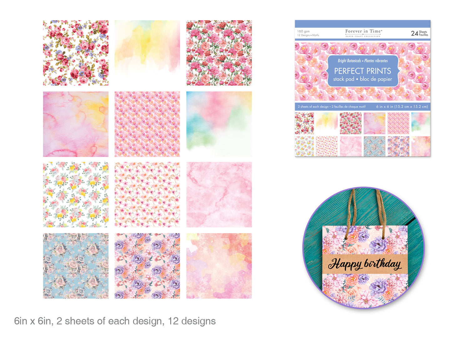 Paper Pads: 6"x6" Perfect Prints Stack Packs x24 Assorted T) Bright Botanicals