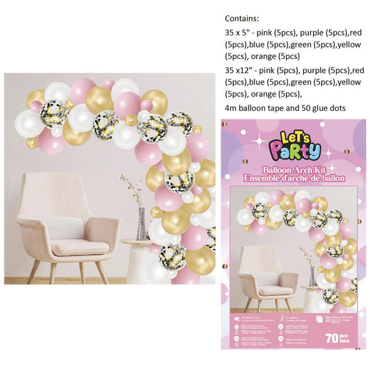 70pcs Pink/Gold Balloon Arch Kit, W/4m balloon tape and 50 glue dots