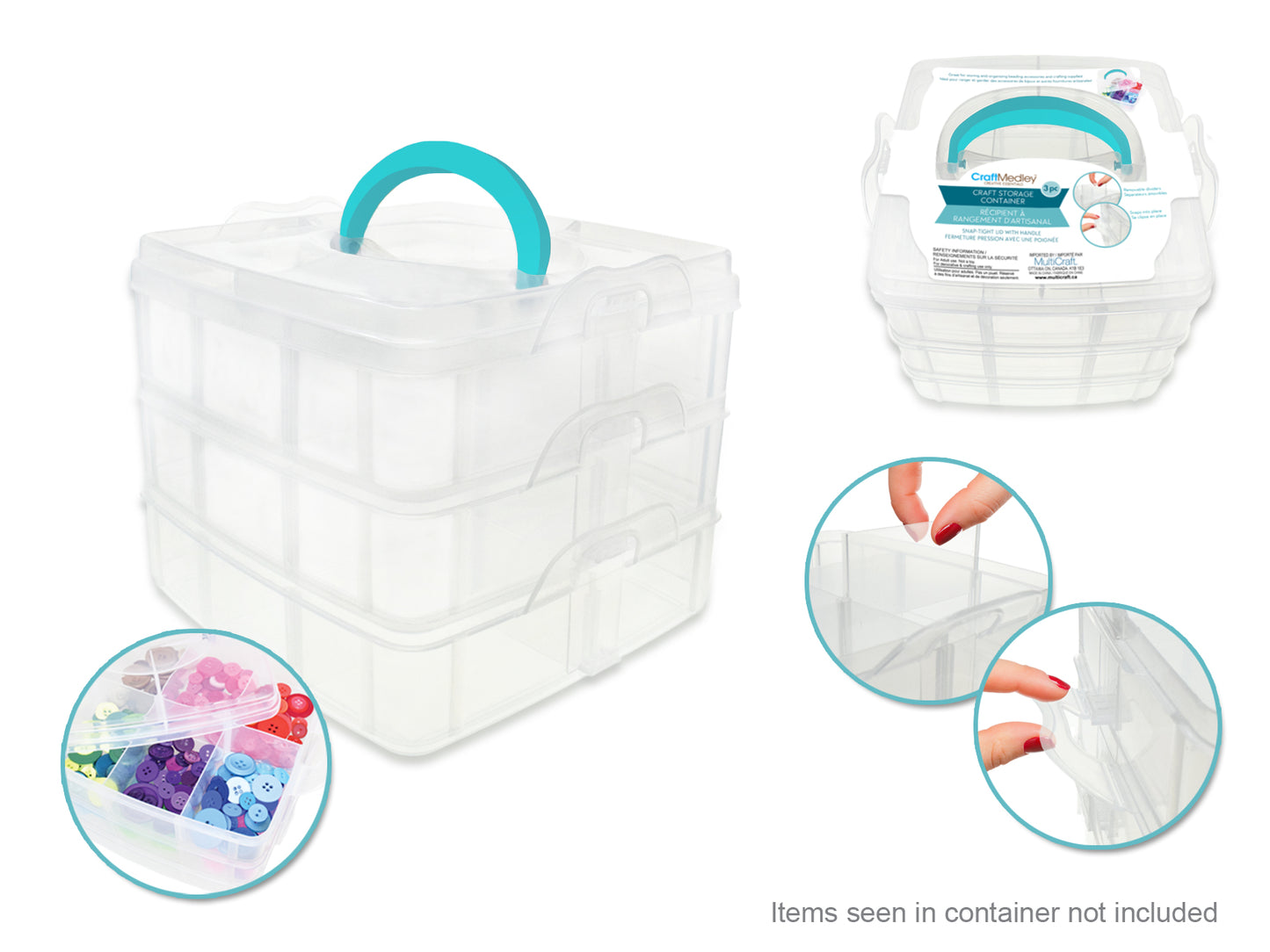 Craft Storage: 5.9"x5.9"x4.9" Organizer Box 3/pk Snap-Tight w/Handle