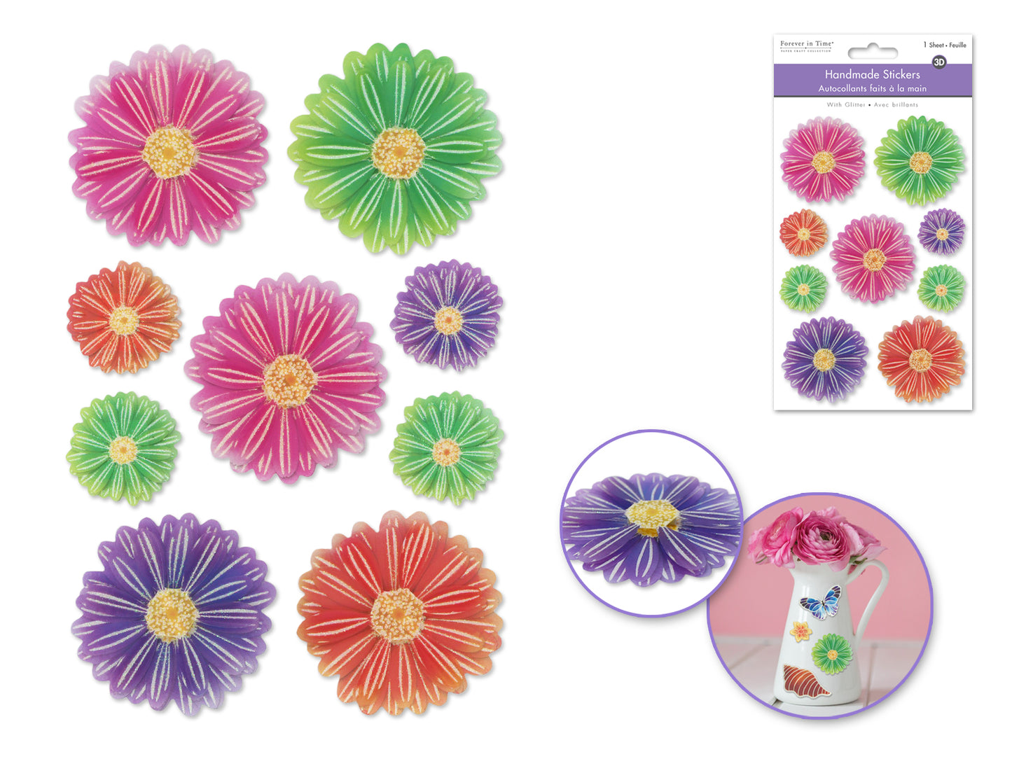 Handmade Sticker: 4.9"x7.3" 3D Glitz A) Gerbera Daisy