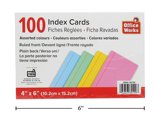 O.WKs. 4x6" 100-Pc Ruled Index Card Assorted Clrs, shrink wrap