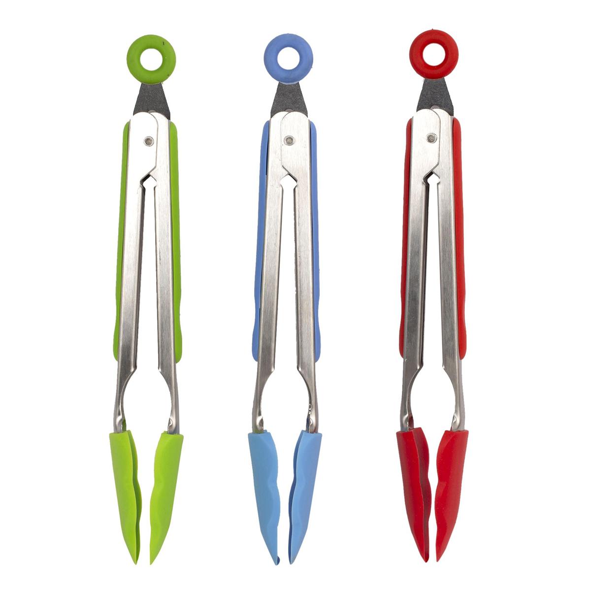 L.Gourmet 9"L Silicone Tongs w/ Pull-lock, 3 col., t.o.c. (CS)