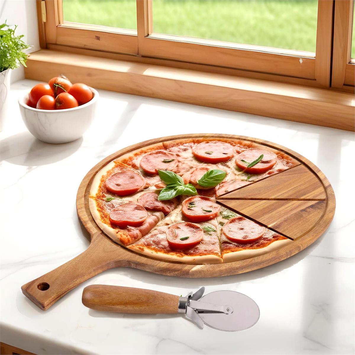 L.Gourmet Acacia Wood Pizza Cutting Board w/ SS Slicer, sleeve