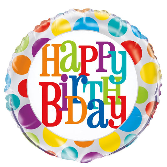 Rainbow Polka Dot Happy Birthday Round Foil Balloon 18"  Packaged