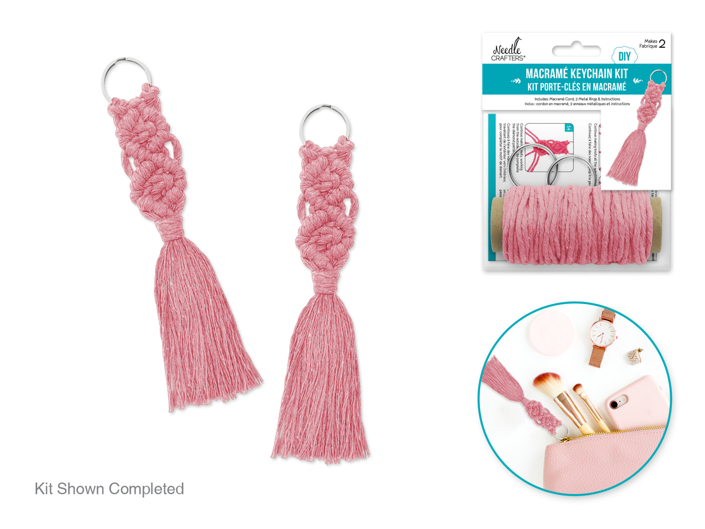Needlecrafters: DIY Macramé Keychain Kit w/Key Ring~ Makes 2 B) Pink
