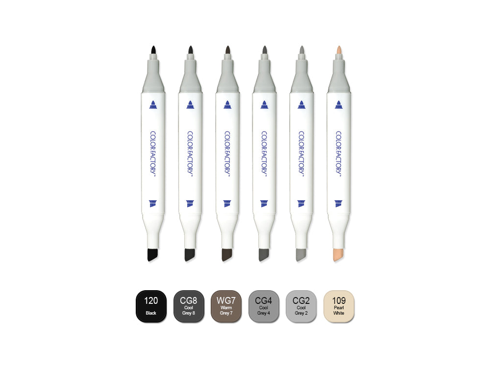 Color Factory: Water-Based Twin Markers Fine+Broad Tips 6pk D) Monochrome