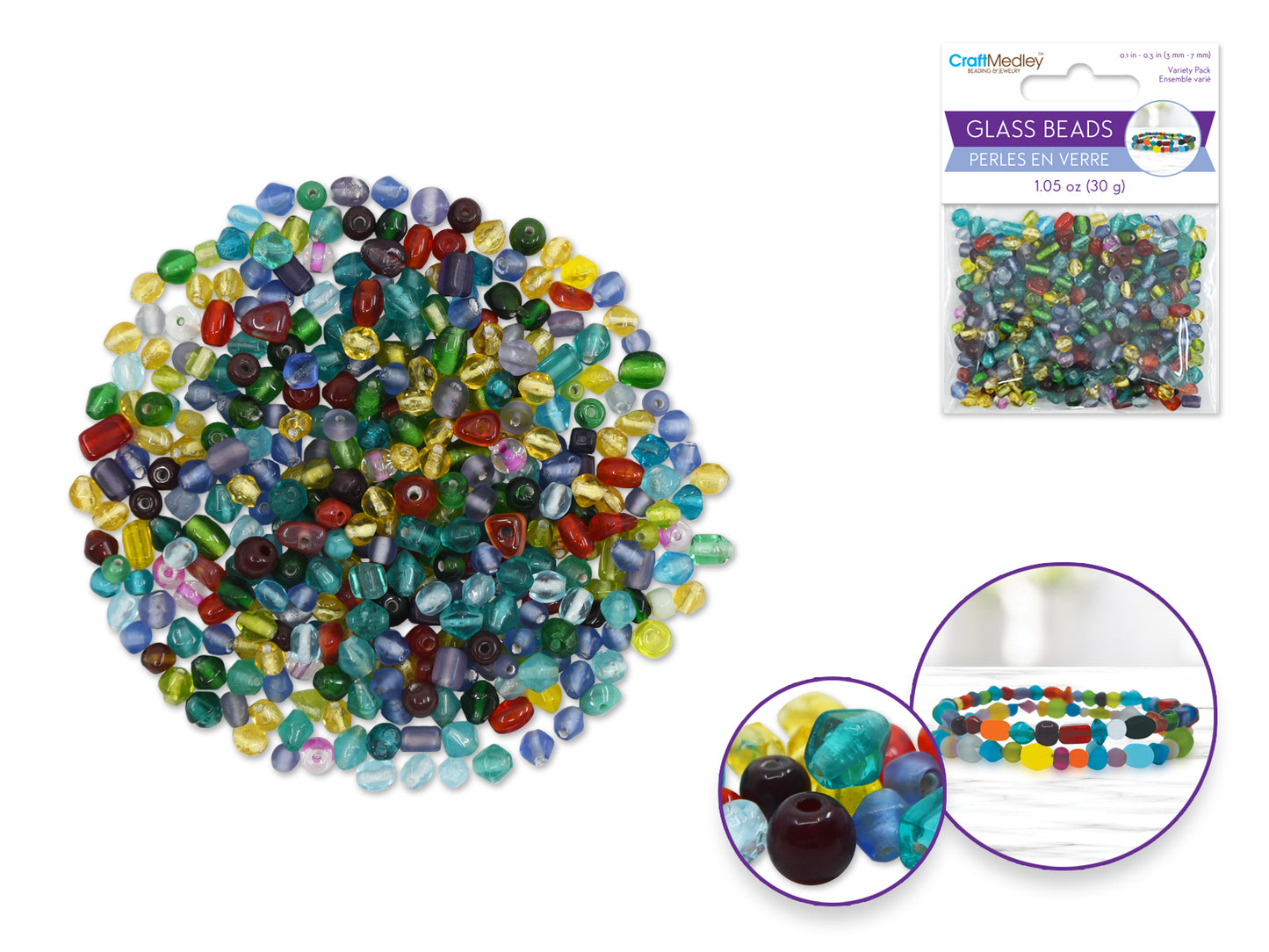 Glass Beads: 3mm-7mm Mix-Pack 30gms A) Glam Mix