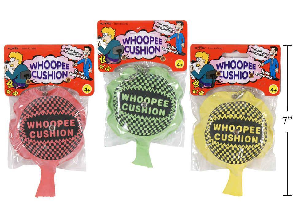 4"Self-inflate Whoopee Cushion with Ring, 3 cols., pbh (Phthalate Free)