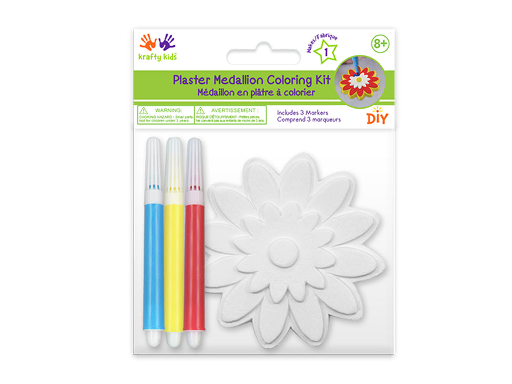 Krafty Kids Kit: 2.75" DIY Plaster Medallion Coloring Kit w/3 Markers B) Flower