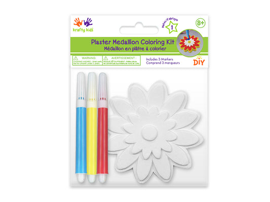 Krafty Kids Kit: 2.75" DIY Plaster Medallion Coloring Kit w/3 Markers B) Flower