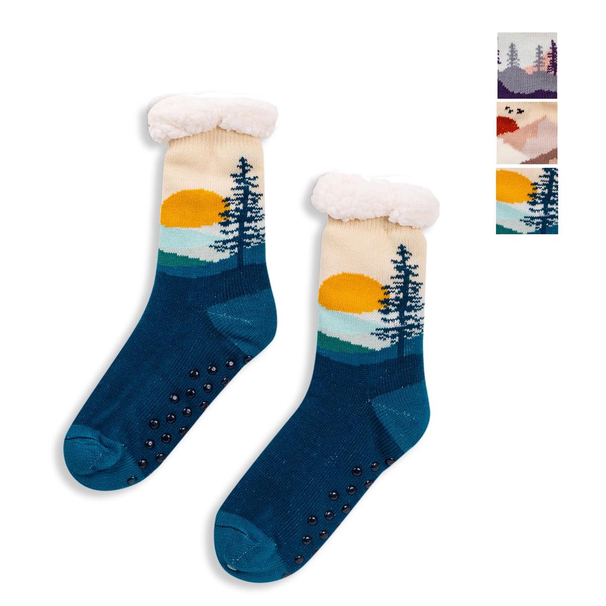 Nordic T. Landscape Sherpa Socks, Non-Slip Grip, 3 asst, header card