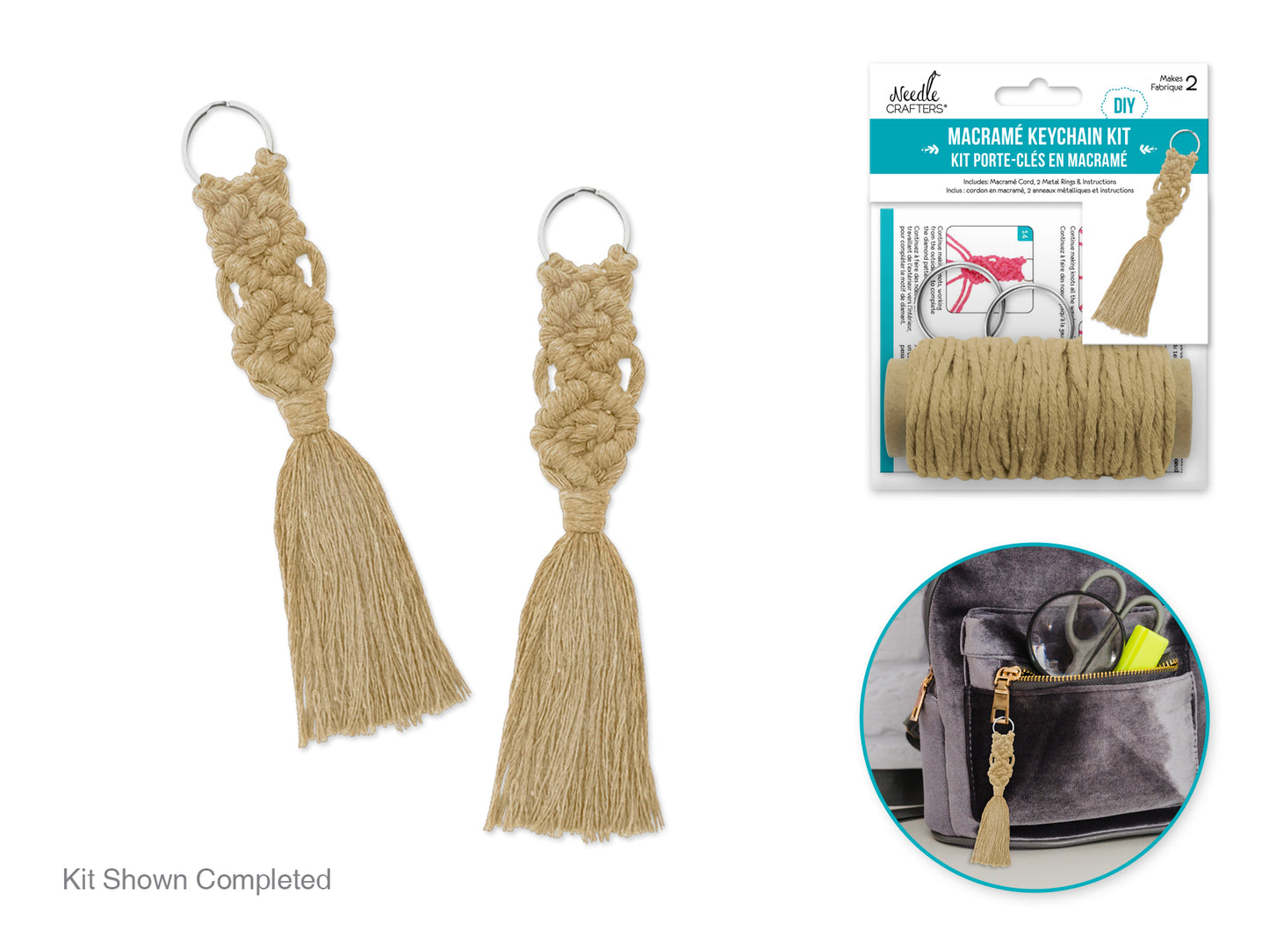 Needlecrafters: DIY Macramé Keychain Kit w/Key Ring~ Makes 2 C) Natural