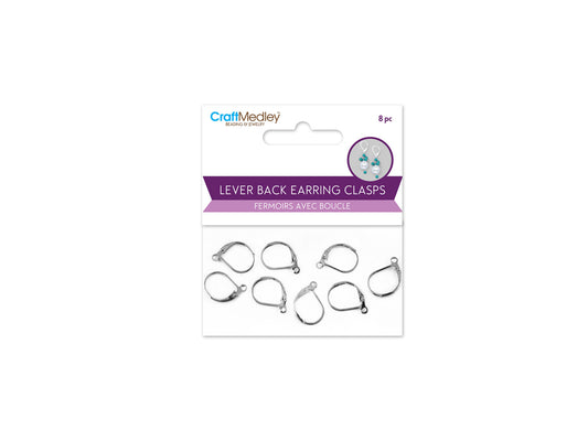 Jewelry Findings: 15mmx11mm Lever Back Earring Clasp x8 w/Loop B) Silver