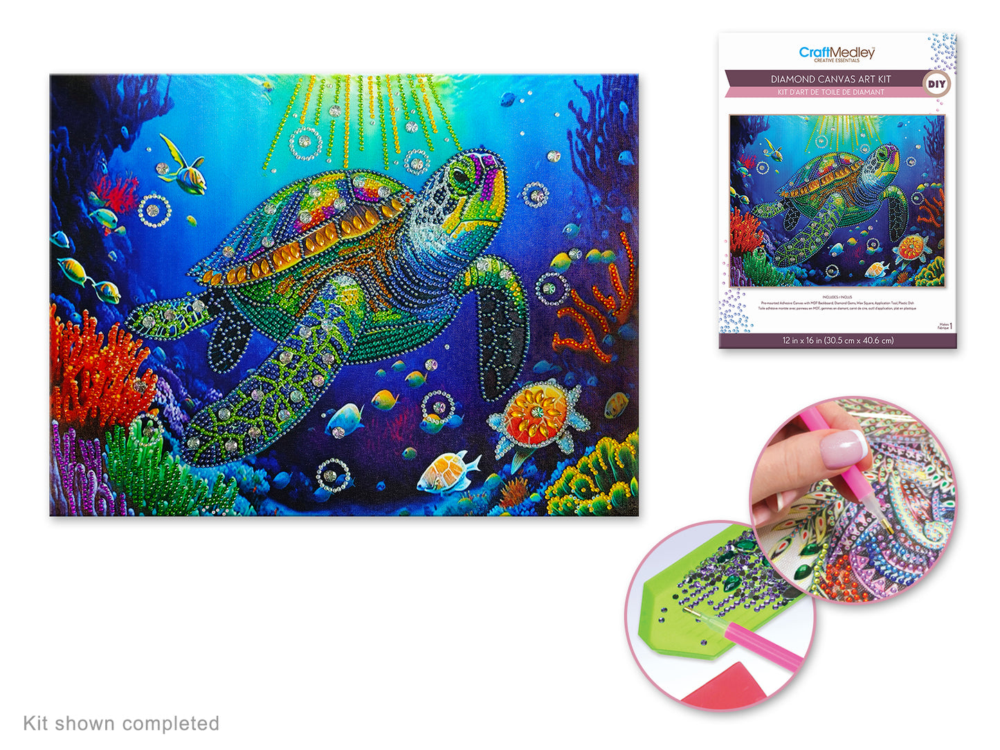 Craft Medley Kit: Diamond Painting Art Kit 12"x16" w/Gems+Tool+Tray O) Turtle