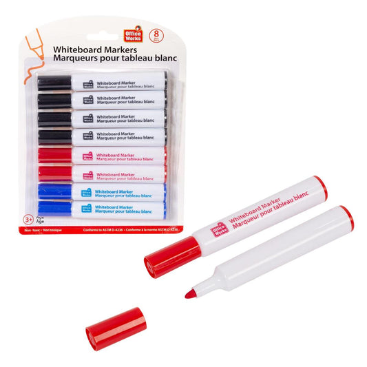 O.WKs. 8-pc. White Board Marker, 3C, Red/Blue/Bk,
