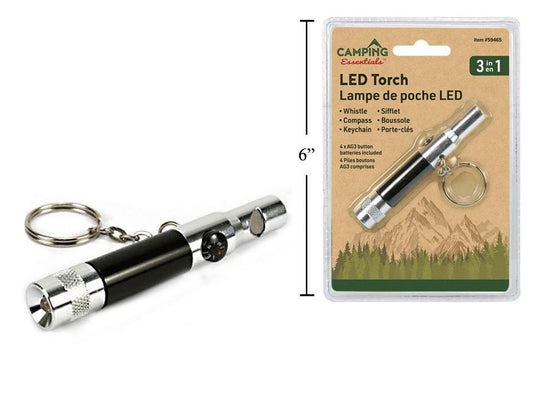 Camping 3-in-1 LED Torch w/Whistle, Compass & Keychain, clamshell