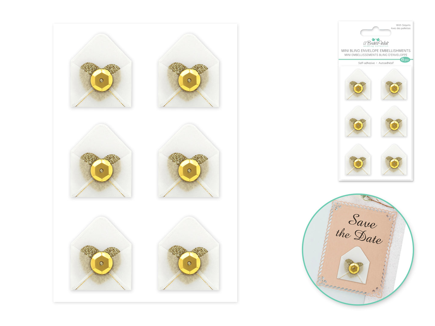 A Brides Wish: 0.9"x1.1" Mini Bling Vellum Envelope x6 Self-Stick A) Gold