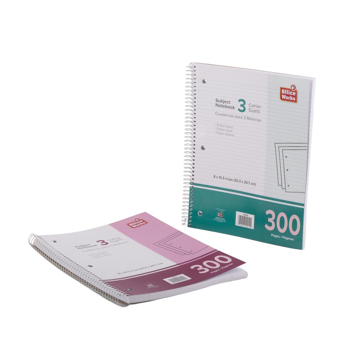 O.WKs. 300 Pages 3-Subject Notebook Coil, 10.5"x8", 2 cols