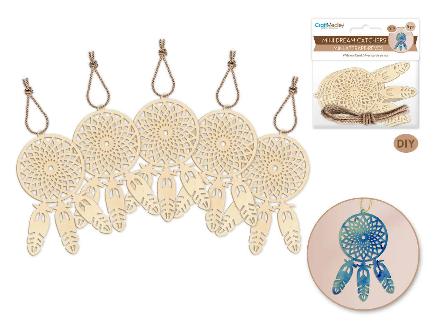 Craftwood: 2.2"x3.2" DIY Mini Dream Catchers x5 w/Jute Cord Laser Cut