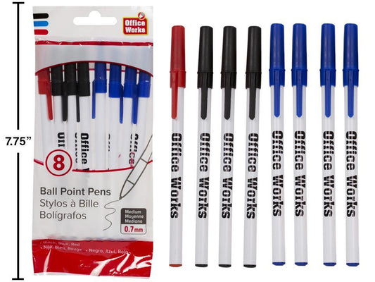 O.WKs.8-pc White Barrel Stick Pens Blue, Black & Red (#20475)