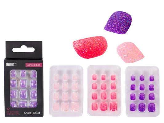 Bodico, 12pc Girls Glitter Nails, pre-glued, 3 asst, col box