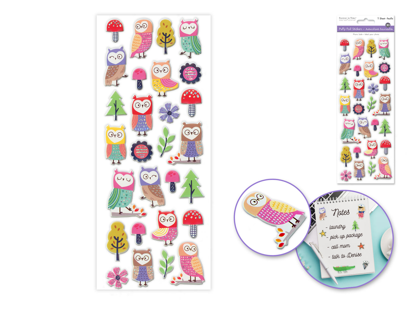 Paper Craft Sticker: 25cmx10cm 3D Puffy Foil E) Owl Medley