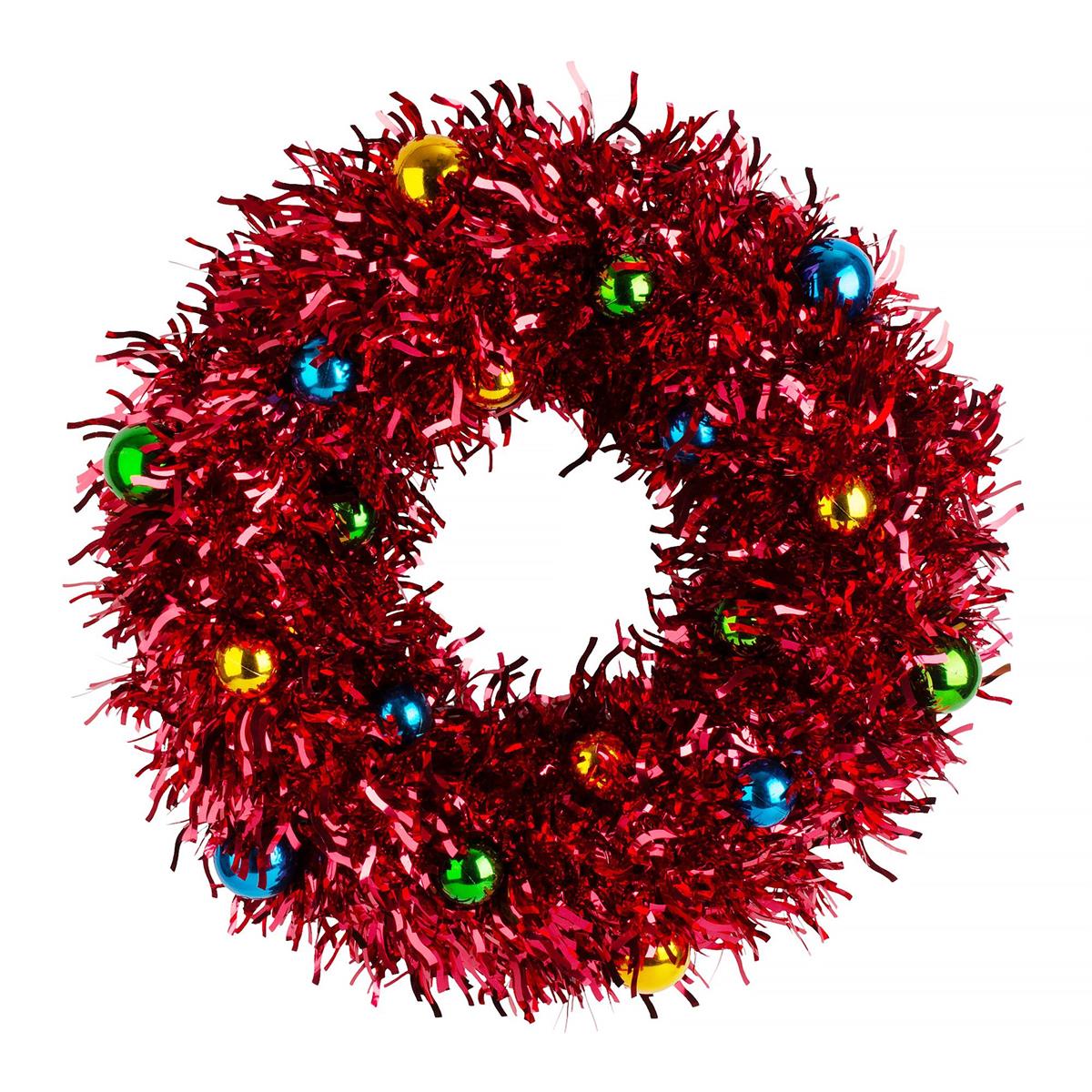 Deco N. 18" Tinsel Xmas Wreath, Red, chtRound Wreath,wave cut,with 18 balls