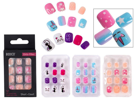 Bodico, 12pc Girls Fashion Nails, pre-glued, 3 asst, col box