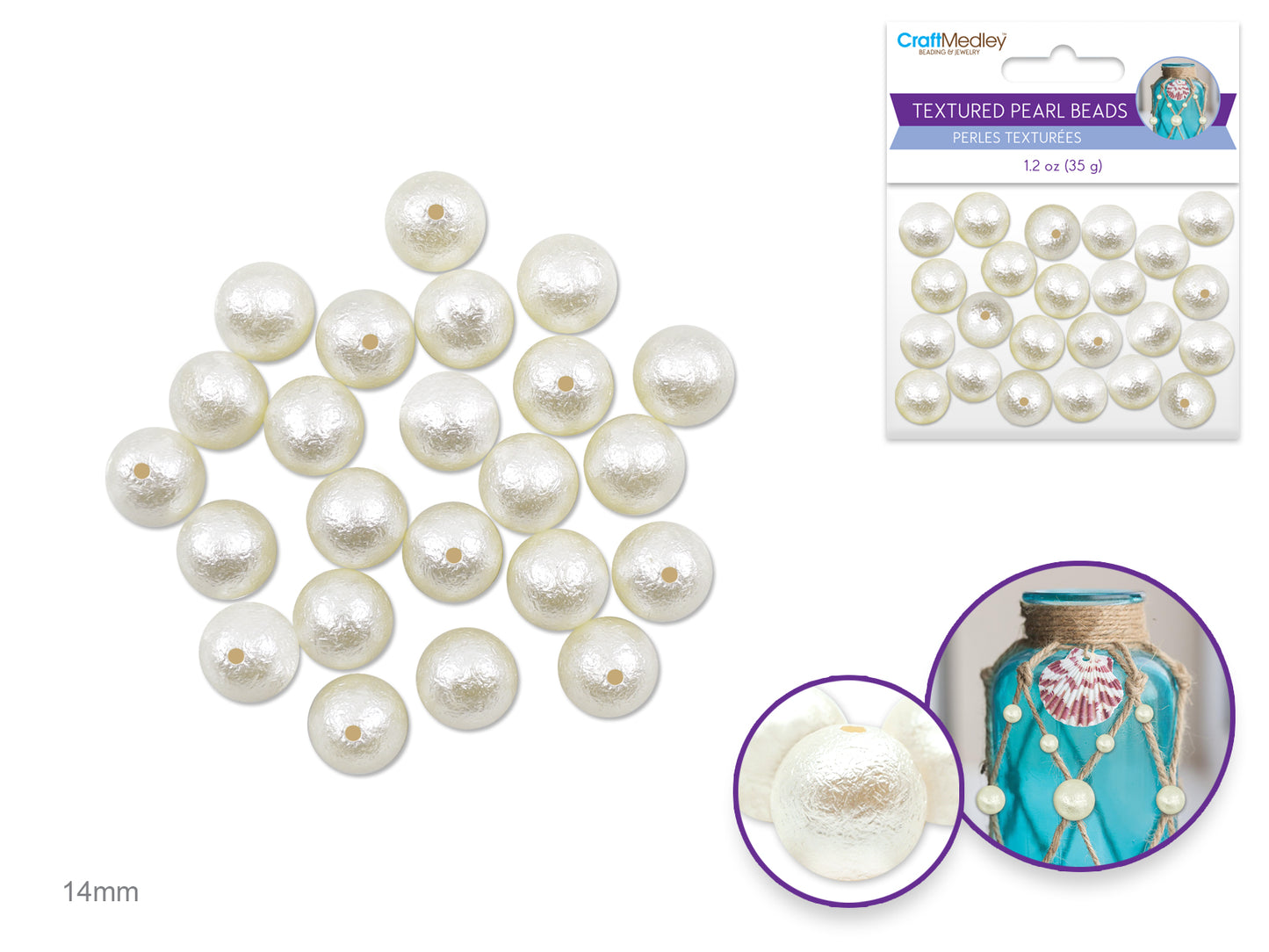 Pearl Beads: Acrylic Textured Effects Ivory 35g E) 14mm