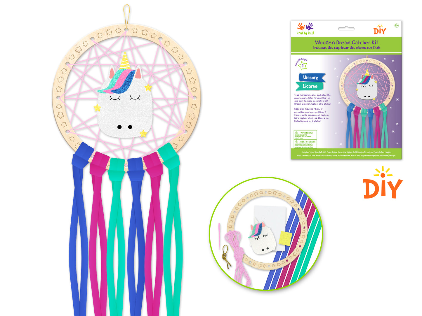 Krafty Kids Kit: DIY Wooden Dream Catcher Kit W/Ribbon Tails C) Unicorn