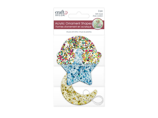 Craft Decor: 5cm-6cm Glitter Infused Acrylic Ornament 3pc Asst C) Celestial