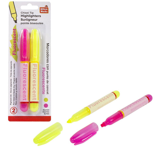 O.WKs. 2-pc Chisel Tip Highlighters Yellow & Pink  (A113888)