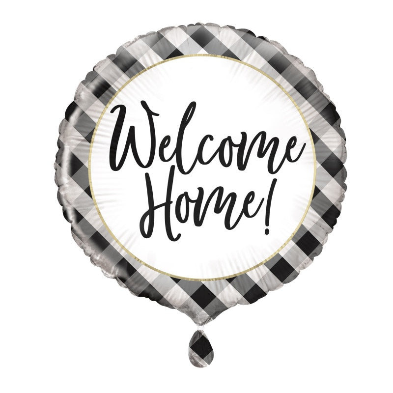 Black Gingham Welcome Home Round Foil Balloon 18"  Package
