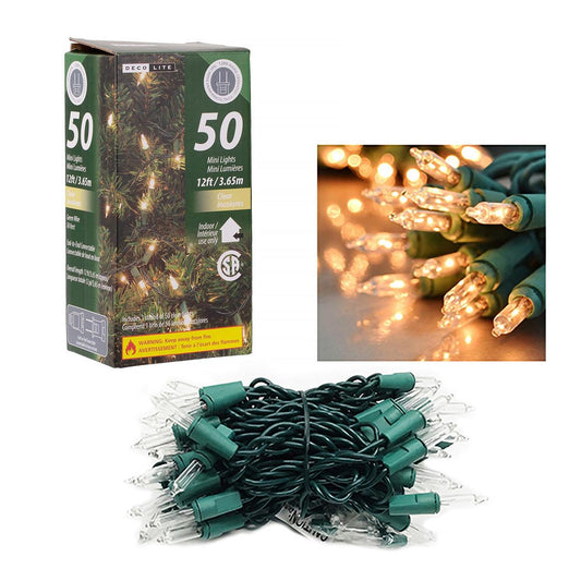 Deco L. 50pk Mini Indoor Lights- Clear, 12FT., End-To-End; box;