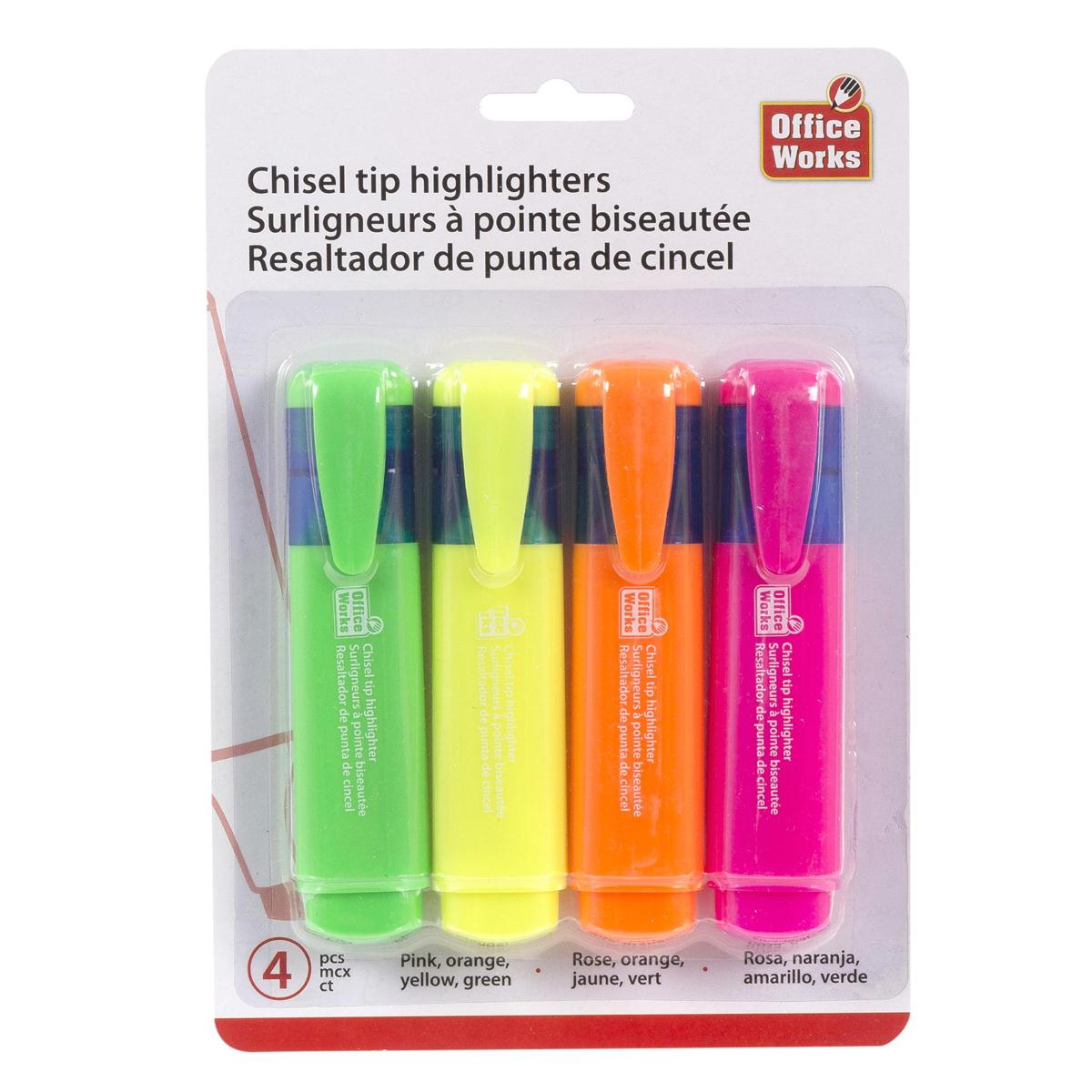 O.WKs. 4pcs Chizel Tip Highlighters Yellow,Green, Pink, Orange